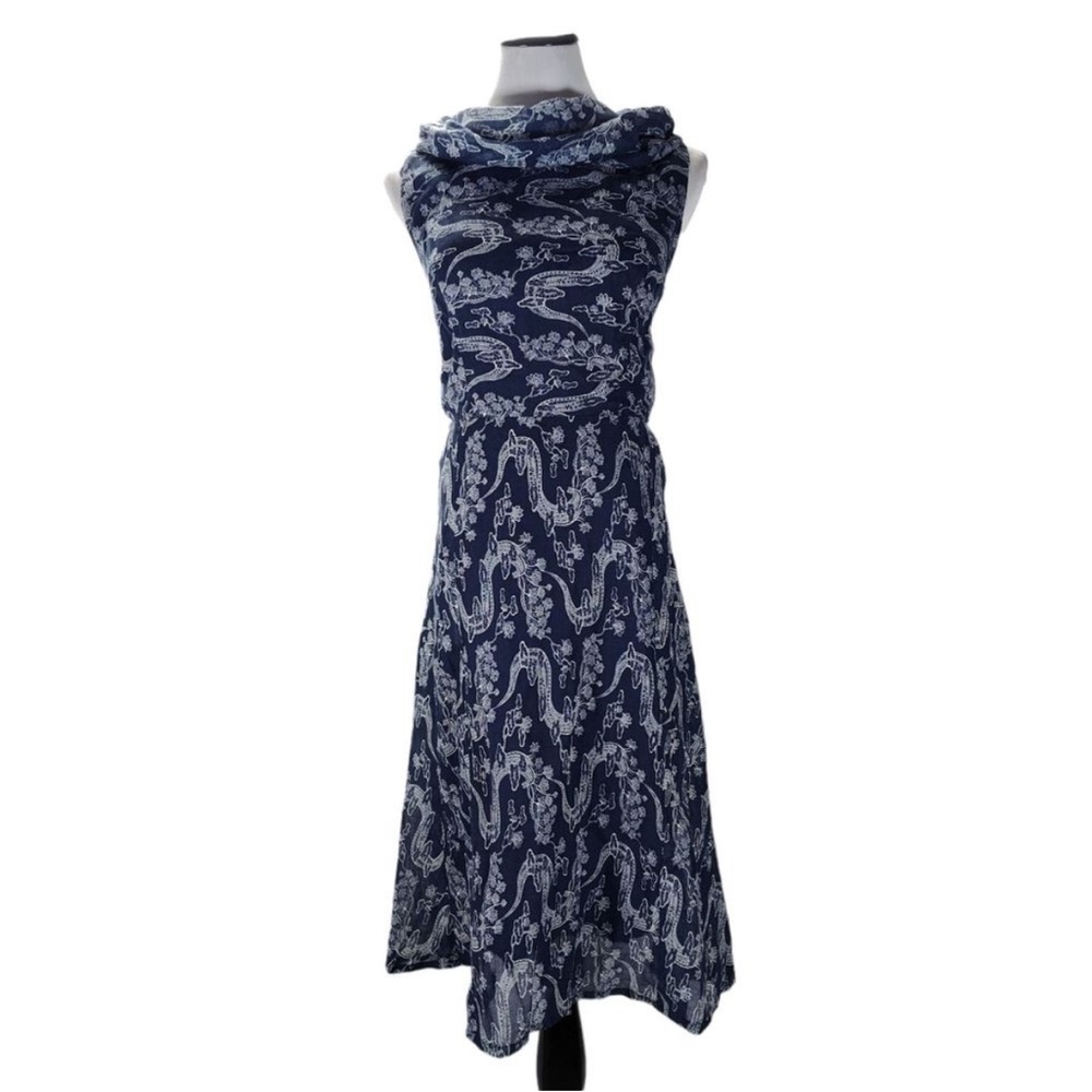 Vintage 70s Miss Elliette Blue Cocktail Dress Size S/M Asian Print Midi Cowl